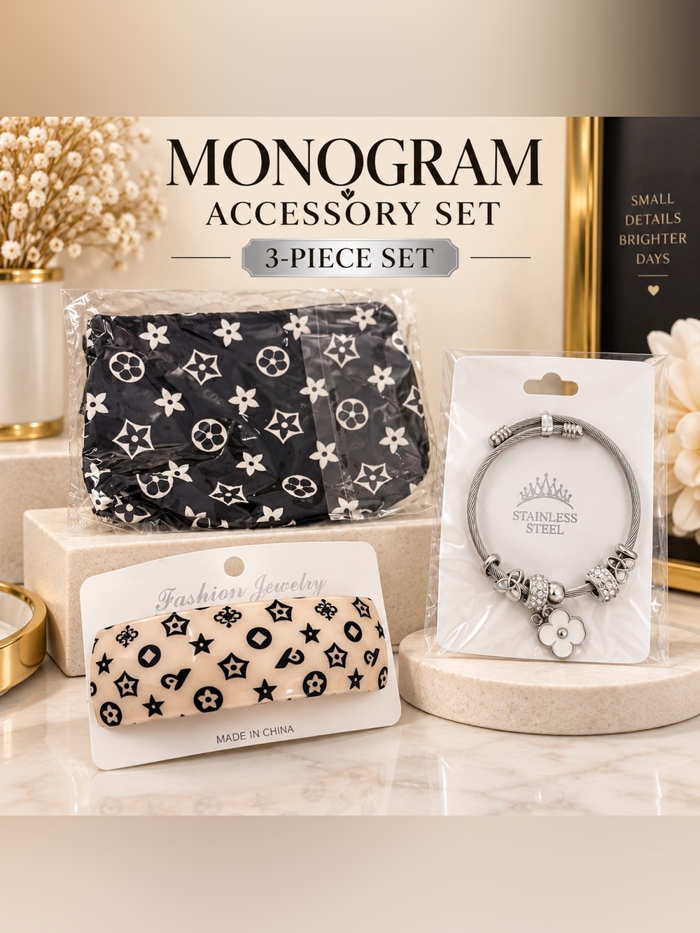 Monogram Accessory Set – Pouch, Hair Barrette & Bracelet